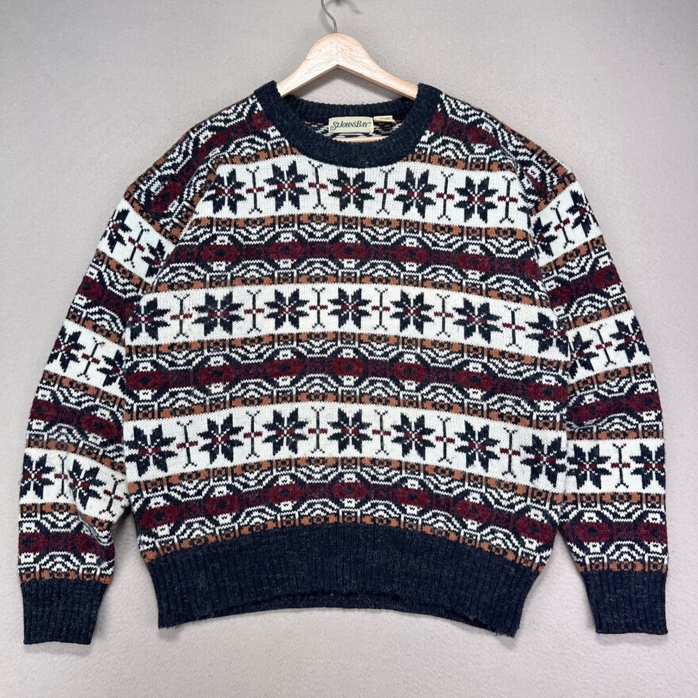 Vintage St. John's Bay Sweater Mens Large Snowflake Chunky Knit‎ Crewneck Nordic